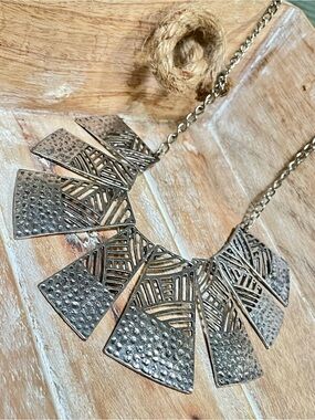 Silver-Tone Textured Geometric Statement Necklace